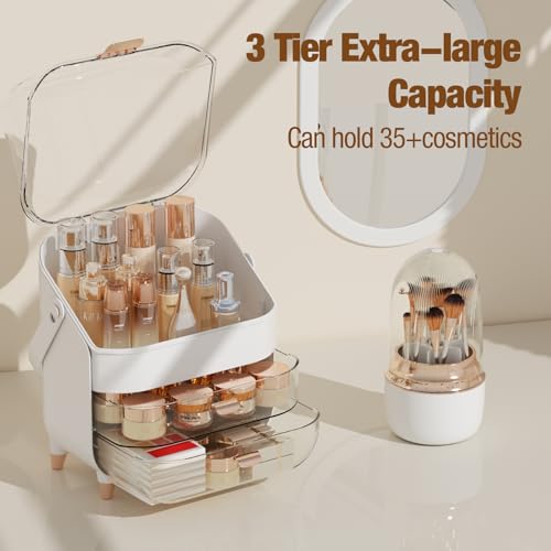 Makeup Organizer Countertop & 360¡Æ Rotating Makeup Brush Holder, Skincare Holder with Lid and Drawers, Storage Box Cosmetic Display Cases, Teen Girl Gifts, Vanity, Bathroom Counter,Rose Gold