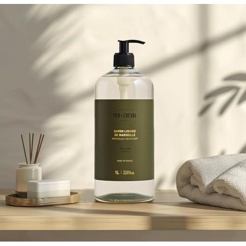 Fer a Cheval Marseille Liquid Soap, Verbena, 1 L / 33.8 fl oz ? Gentle French Hand and Body Wash with Shea Butter ? Fresh Citrus Scent