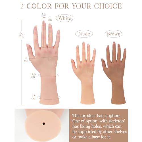 KUMIHO Realistic Silicone Female Hand Model Fake Hand for Jewelry Display Tattoo Training Practice Art Sketch with Nails, Left Hand - with Skeleton, Brown