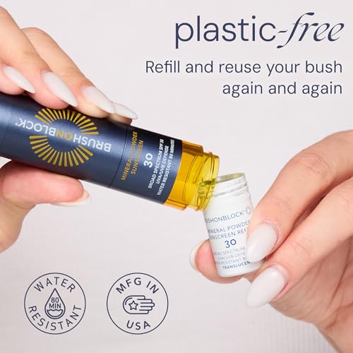 Brush On Block Mineral Sunscreen Powder Refill, Natural Broad-Spectrum SPF 30, Safe for Sensitive Skin, UVA UVB Face Protection, Reef Friendly (Translucent - Refill)
