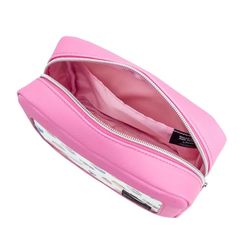 Impressions Vanity Hello Kitty and Friends Core Cosmetic Pouch for Women, Core Print Artwork Travel Makeup Bag Organizer with Inner Pocket, Metal Zipper Opening Faux Leather Handheld Purse (Pink)