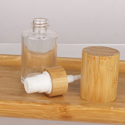 COSIDEA 6 pcs Empty 1oz / 30ml bamboo lids clear glass bottle with lotion pump dispenser, refillable emulsion cosmetic cream bottles, toiletries refill travel container