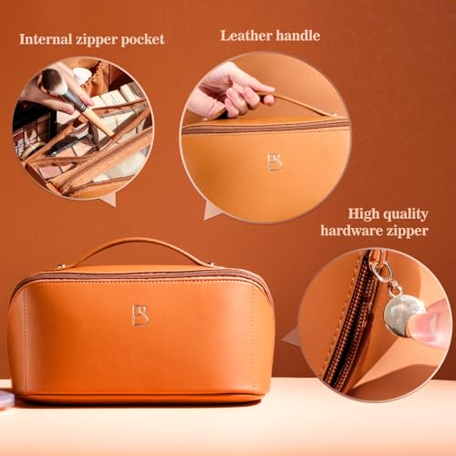 BS-MALL Travel Makeup Bag ? Portable Large Capacity Toiletry Bag Perfect for Organizing Travel Size Toiletries, Flat Opening for Easy Access with 1 Makeup Brush & Zipper Bag