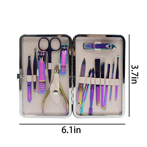 Professional Stainless Steel Chameleon Nail Clipper Travel & Grooming Kit Nail Tools Manicure & Pedicure Set of 15pcs with Luxurious Case(Purple)