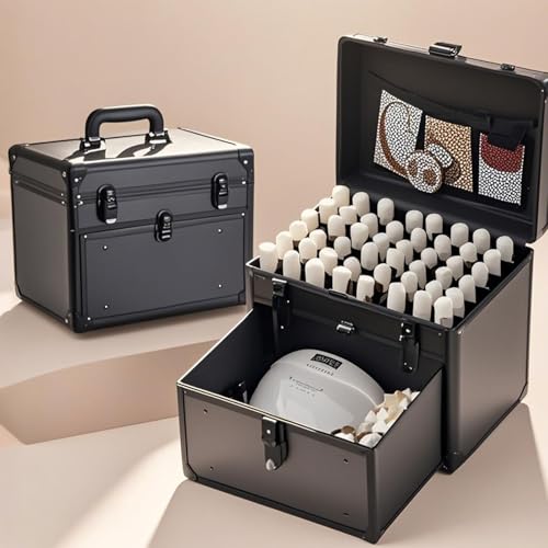 Professional Nail Polish Case Organizer, Nail Box Organizer Case with Double Layer Aluminum for Nail Organizers and Storage Suitable for Nail Tech, Nail Kit-Black