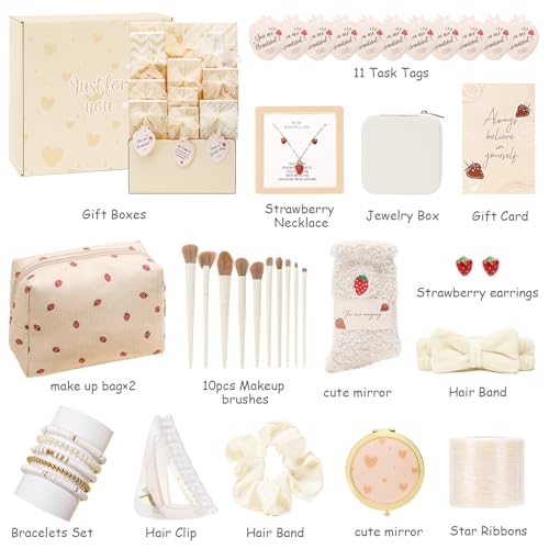 Easter Gifts for Tween & Teen Girls, 11PCS Birthday Gifts Basket Teen Girls Gifts Trendy Stuff with Empowering Challenges & Makeup Brushes & Bag, Positive Wrapped Gift Box for Daughter Niece