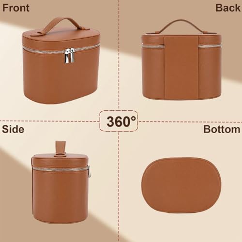 Leather Make Up Bags With Compartments, Brown travel Cosmetic Bags for Women, Parallel Makeup Travel Bags Organizer Equipped With a Detachable Divider