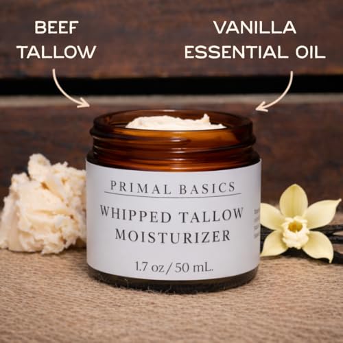 100% Grass Fed Grass Finished Whipped Beef Tallow Moisturizer/Body Balm for Face, Body, Oily, Dry, Sensitive Skin -Contains Vitamins A, D, E, K -USA Made (1.7 oz, Vanilla)