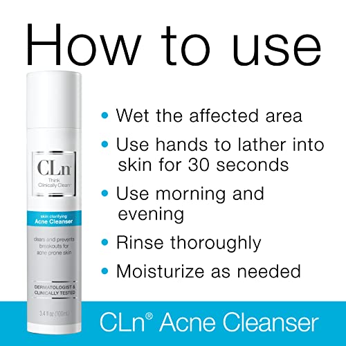 CLn¢ç Acne Cleanser-Facial Cleanser with 0.5% Salicylic Acid to Eliminate Blackheads & Breakouts, Oil-Free & Fragrance-Free, 3.4 fl. oz. (Pack of 2)