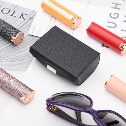 Beautyflier Large Lipstick Case with Mirror, Women¡¯s PU Leather Lipstick Case Holder for Purse with Mirror Rectangle Makeup Travel Cases, Women's Portable Lipstick Pouch Travel Cosmetic Case (Black)