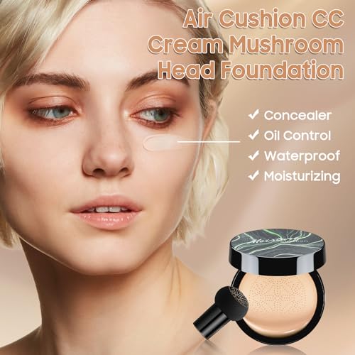 Mushroom Head Air Cushion CC Cream - Tattoo Cover up Moisturizing BB Creams Foundation, Long-Lasting Waterproof Concealer Full Coverage for Even Skin Tone, Gifts for Women (Natural, 1 PCS)