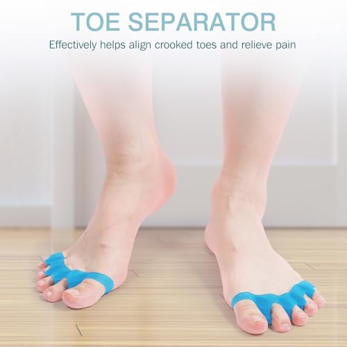 Silicone Toe Separators for Women & Men - Toe Spacers for Bunion Relief, Hammer Toe, Plantar Fasciitis & Pedicures | Includes Metatarsal Pad & Therapeutic Yoga Cushion for Foot Pain£¨2pcs,blue£©