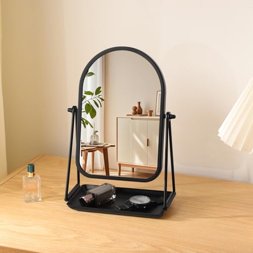 Desk Table Mirror Black Arch Desktop Vanity Mirror Iron Frame Make up Mirrors with 360 Degree Swivel Countertop Mirrors for Dressing Room Bathroom Bedroom Apartment