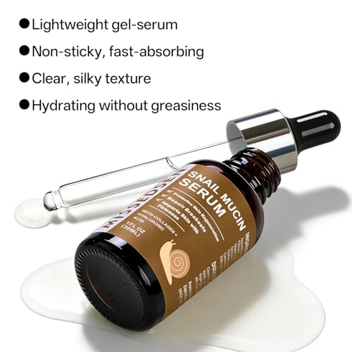 Snail Mucin Serum for Face with Collagen & Hyaluronic Acid,Smoothes Wrinkles,Improves Elasticity,Firms Skin 1 Oz Daily Use