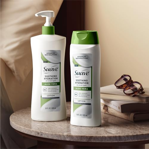 Suave Soothing Hydration Hand & Body Lotion With Aloe Vera Refreshes Dry Skin, Fast Absorbing, Intensive Moisturizing Cream For Women, Non Greasy, Allergen Free, 18 FL OZ, 6 Pack