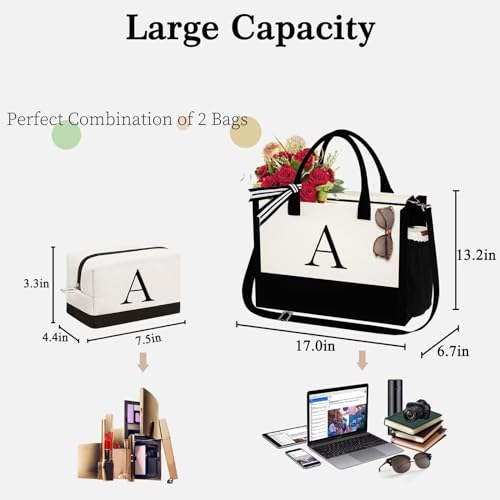 YOOLIFE Gifts for Women - Initial Canvas Tote Bag & Makeup Bag, Birthday Gifts for Women Mom Sister Friends