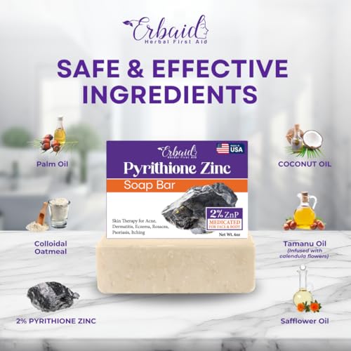 Pyrithione Zinc Soap Bar for Face & Body, 4oz | 2% ZnP Bar Soap Skin Repair Cleanser for Acne, Rosacea, Eczema, Dermatitis, Psoriasis, Itching | Cleansing, Calming Zinc Facial Wash Made in USA