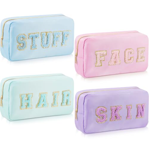 4 Pcs Travel Toiletry Bags for Women Preppy Makeup Bags Organizer Face Skin Hair Stuff Chenille Letter Pouch with Zipper Aesthetic Waterproof Skin care Hair Bag for Women Gifts