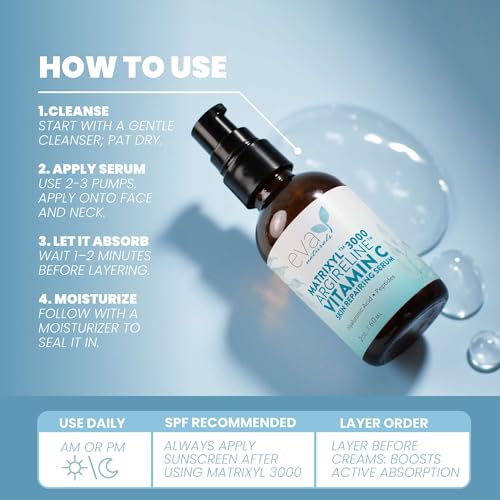 Eva Naturals Matrixyl 3000 & Argireline Peptide Serum for Face ? Anti-Aging Collagen Booster with Vitamin C & Hyaluronic Acid ? Reduces Appearance of Fine Lines, Smooths, Hydrates & Firms - 2 Fl Oz