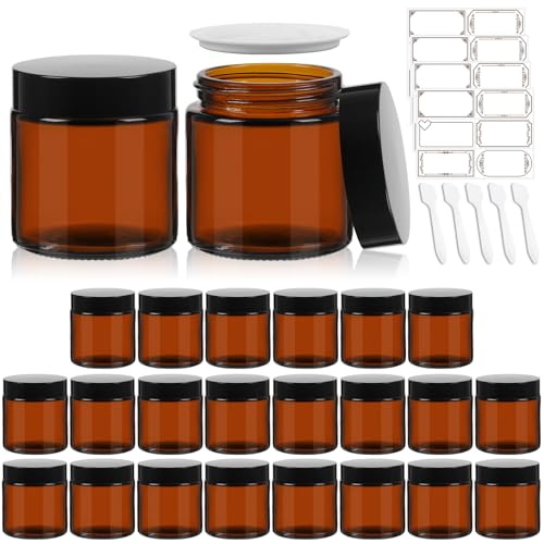 4 oz Amber Round Glass Jars with Black Lids 24 Pack- Portable Empty Glass Containers with Inner Liners for Cosmetic, Food Storage, Body Butters, Body Butter, Candle Jars