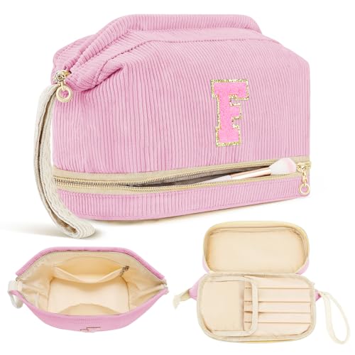 Birthday Gifts for Girls, Personalized Initial Make up Bag 18th Birthday Gifts for Girls Women, Travel Make up Bag Cosmetic Bag Preppy Stuff Bag for Her Mom Girlfriend Wife Teacher - Pink F