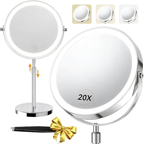 20X/1X Lighted Vanity Makeup Mirror, 3000mAh Rechargeable Height Adjustable Double Sided Magnifying Mirror, 3 Color Light, Brightness Adjustable, 360¡Æ Rotation, Women Gift