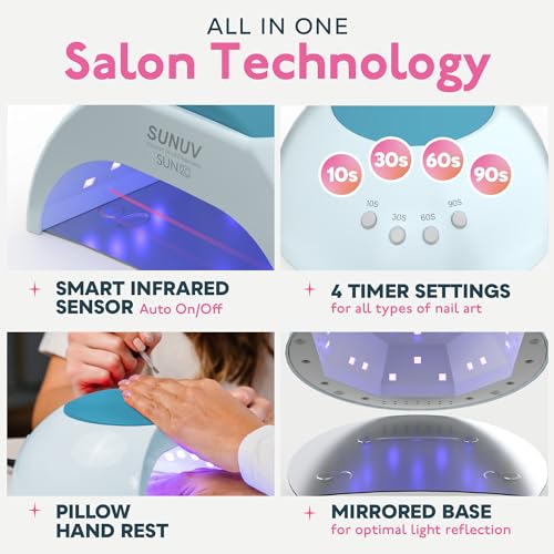 SUNUV 48W UV Light for Nails, 15ml Top and Base Coat Gel Polish Set Home and Salon Use SUN2C Blue