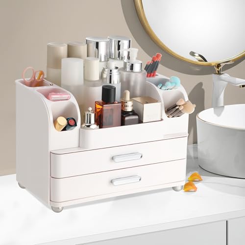 Large Makeup Organizer Countertop with Drawers, Make Up Organizer for Vanity, Makeup Storage Organizer Countertop Makeup Organizers for Skincare, All White