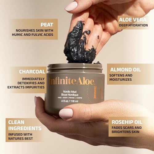 InfiniteAloe Nordic Mud Face Mask Skin Care Treatment, Peat + Charcoal + Aloe Vera + HA Combined, Suitable for All Skin Types - 4oz.