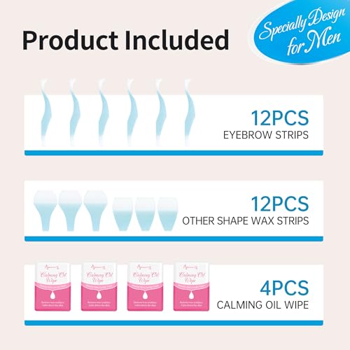 Beauty7 Sensitive Eyebrow Wax Strips, Facial Hair Removal for Men, Eyebrow Waxing Strips, 24 Strip 4 Calming Oil Wipes, Home Waxing for Men