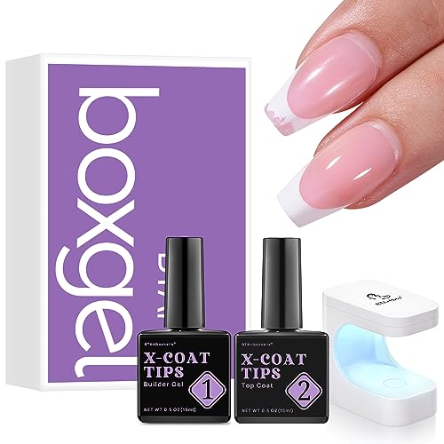 BTArtboxnails Soft Gel Nail Tips Builder Set - Extra Short Square French Tip Press On Nails With 15ml Gel and Portable Lamp for XCOATTIPS