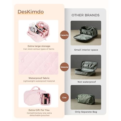 Travel Makeup Bag for Women, 2Pcs Large Capacity 180 Lay-Flat Toiletry Organizer with Brush Compartment, Waterproof Quilted Cosmetic Bag with Multiple Pockets for Travel, Vacation, Business Trip