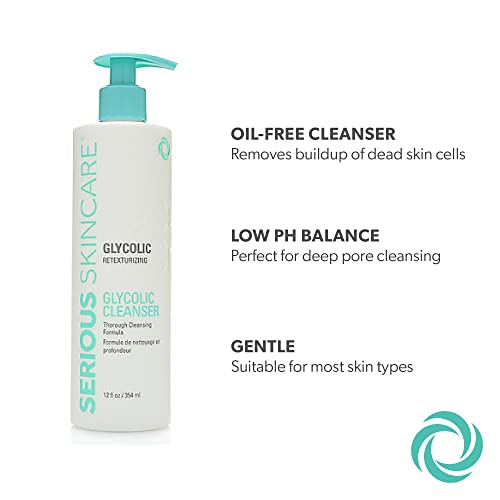 Serious Skincare Glycolic Cleanser - Skin Exfoliating Face Wash - 10% Glycolic Acid - Deep Pore Purifying - Removes Makeup, Oil, Blackheads and Impurities - Shave Prep - Anti-Aging 12 Fl. Oz.