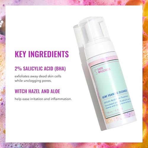 Good Molecules Acne Foaming Cleanser - 2% Salicylic Acid Foam Cleanser - Gentle Acne Face Wash with Alcohol Free Witch Hazel and Aloe - Skin Care for Face