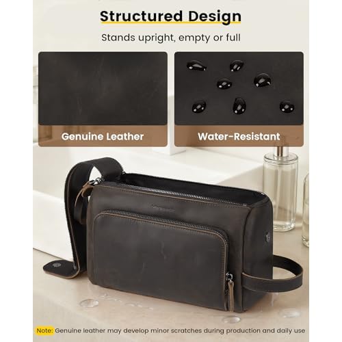 Vorspack Genuine Leather Toiletry Bag for Men - Water Resistant Travel Bag for Toiletries, Essentials, Accessories - Dark Brown