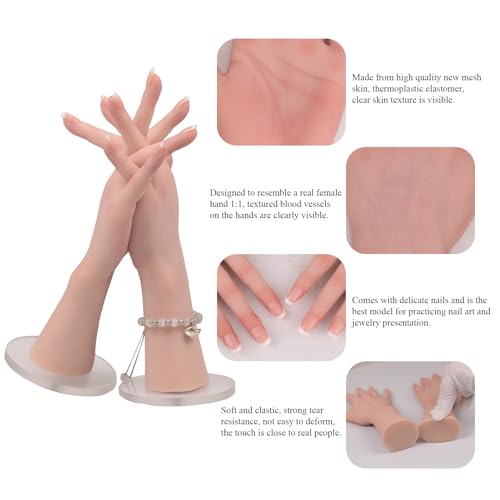 Silicone Realistic Female Hand Acrylic Nails Pratice Training For Nail Art Showing Jewelry Life Size Female Model Flexible Bendable (Right Hand-Without Skeleton, Ivory)