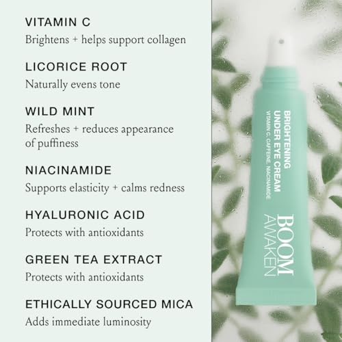 Boom Awaken Cooling Under Eye Cream - Targets Puffiness & Uneven Tone with Vitamin C, Licorice Root, Wild Mint, Green Tea & Hyaluronic Acid - Lightweight, Refreshing, Vegan Formula - 0.5 oz