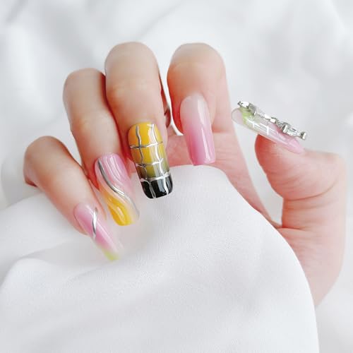 Handmade Press on Nails - Middle Long Square | Multicolored Stripes | Reusable False Nails 10 Pcs (Overturned Palette, L)