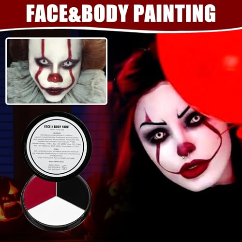 White Black Red Halloween Face Body Paint with 3PCS Sponge and 1PC Brush, for Baseball, Softball Sports(Eye Black) & Halloween (Joker, Clown), Face Painting Kit for Cosplay, SFX Costumes
