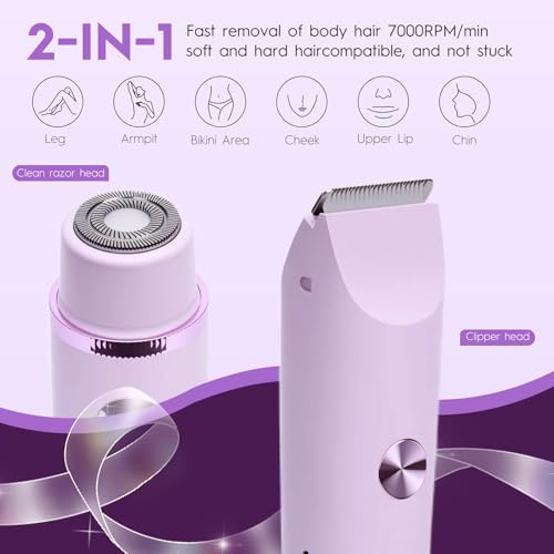 Dual Head Shaver 2 in 1 Bikini Trimmer for Women Electric Razors Lady Pubic Hair, LCD Display Bikini Underarm Arm Leg Face Body 2026 Upgraded Version- Purple