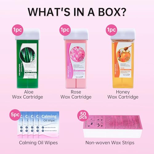 Beauty7 Roll On Wax, Body Hair Removal, Wax Roller Kit, 3 Packs Waxing Cartridge Depilatory Honey Refill, Underarm Leg Waxing for Women and Men, 5 Calming Oil Wipes, 50pcs Paper Strips