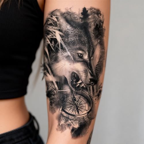 2 Sheets Realistic Animal Temporary Tattoos Stickers Forest Compass Wolf Designs For Men Waterproof Arm Leg Fake Body Art, Gym & Parties Bold Masculine Decals