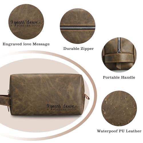 9th Years Anniversary Present for Him, 9 Years Wedding Gifts for Husband Anniversary, Engraved PU Leather Toiletry Bag and KeyChain