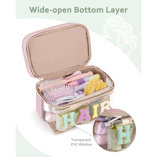 Fasrom Double Layer Hair Accessories Organizer, Preppy Patch Makeup Bag with HAIR Chenille Letter, Portable Travel Cosmetic Pouch Clear Toiletry Case for Women Girl, Pink(Bag Only, Patent Design)