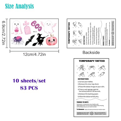 Cute Halloween Tattoos Pink Temporary Tattoo Stickers 83 Pcs Fake Tattoos