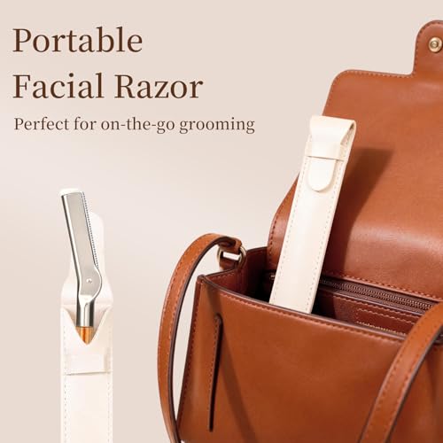 Wooden Eyebrow Razor - 8 Replacement Blades & Leather Pouch - Precision Eyebrow Trimmer & Dermaplaning Tool for Face Peach Fuzz, Lip Hair - Safety Mesh Guard