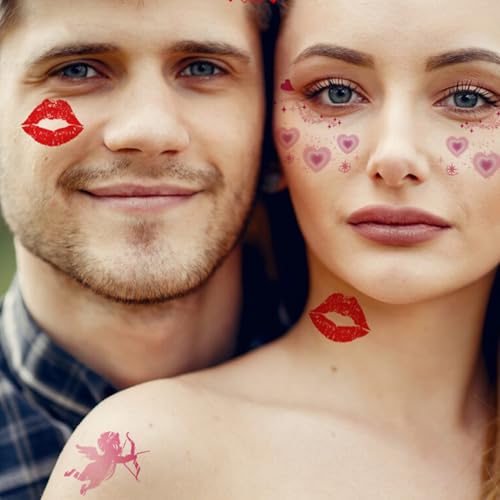 10 Sheets Valentine Makeup Temporary Face Tattoo Sticker Heart Lips Kiss Women Face Body Art Decals Wedding Party Decorations Supplies