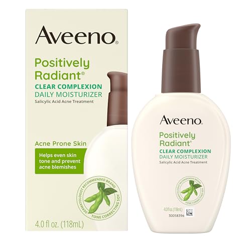Aveeno Positively Radiant Clear Complexion & Acne Facial Moisturizer with Soy and Salicylic Acid for Oily Skin, Hypoallergenic Formula, Paraben-Free, Non-Comedogenic, Pump, 4 FL OZ, (Pack of 2)