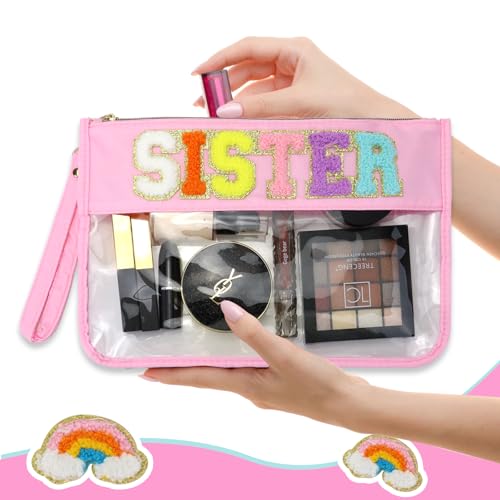 2 Pcs Big Sister Gifts Cosmetic Makeup Bag with Chenille Letter Patch,with Handles PVC Waterproof Clear Makeup Bag,Portable Toiletry Storage Bag