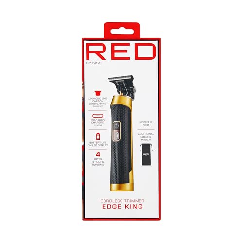 Red by Kiss Edge King Cordless Trimmer, Zero-Gapped DLC Blade for Precision Detailing, USB-C Quick Charge, Up to 4 Hours Runtime, Luxury Pouch, Blades Cover & Cleaning Supplies Included